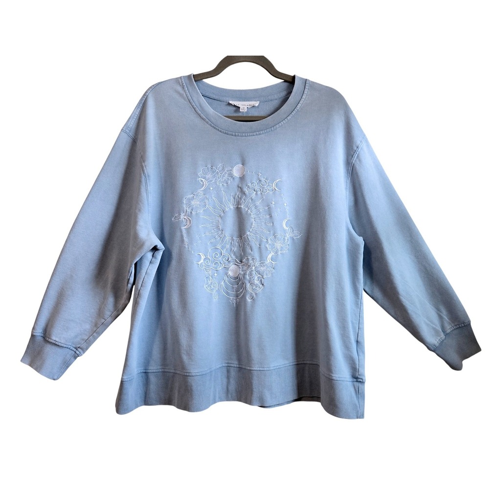 Jane + Delancey Womens 1X Light Blue Celestial Sun‎ Moon Embroidered Sweatshirt